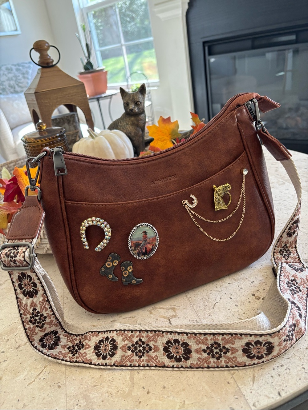 Artisan Brown Womenβs Crossbody Bag with Embellished Accents